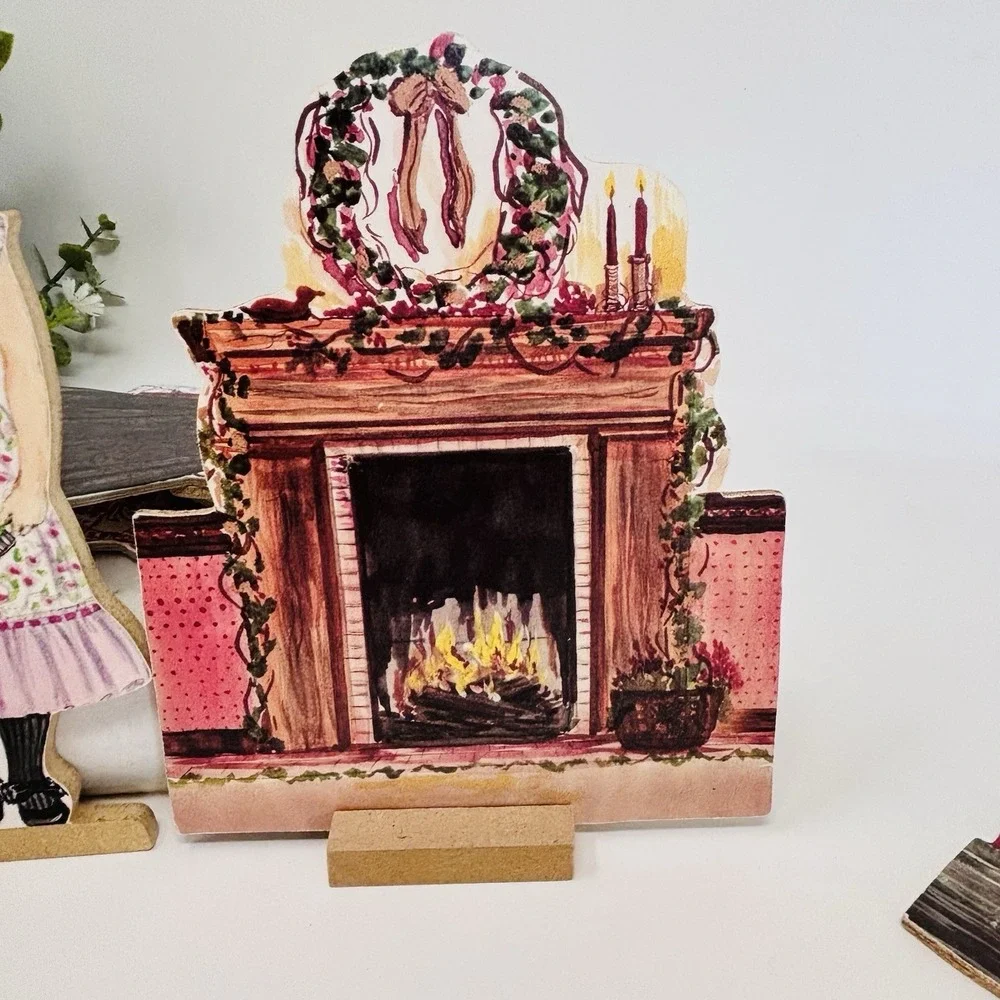 Vintage Wooden Paper Dolls Victorian Dress Up & Fireplace Lot Cottagecore